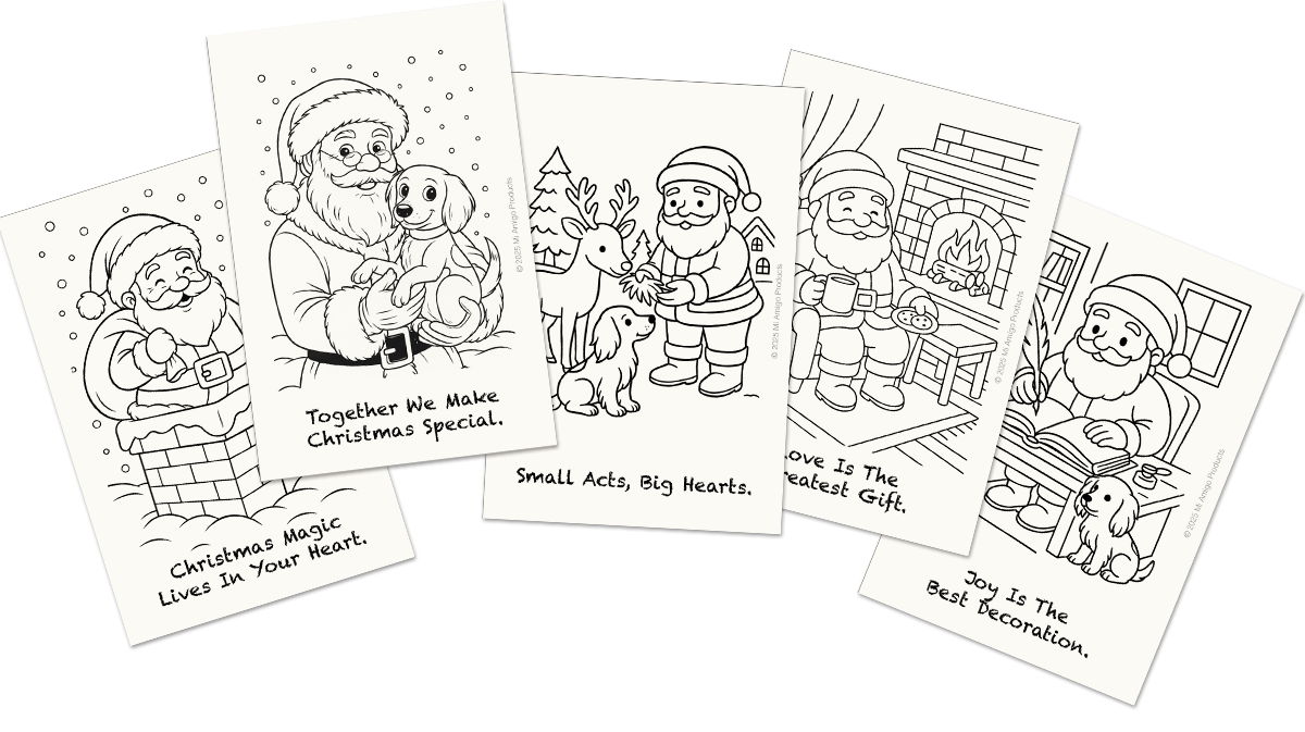 Mi Amigo Santa cards fanned out showing all 5 designs with inspirational messages