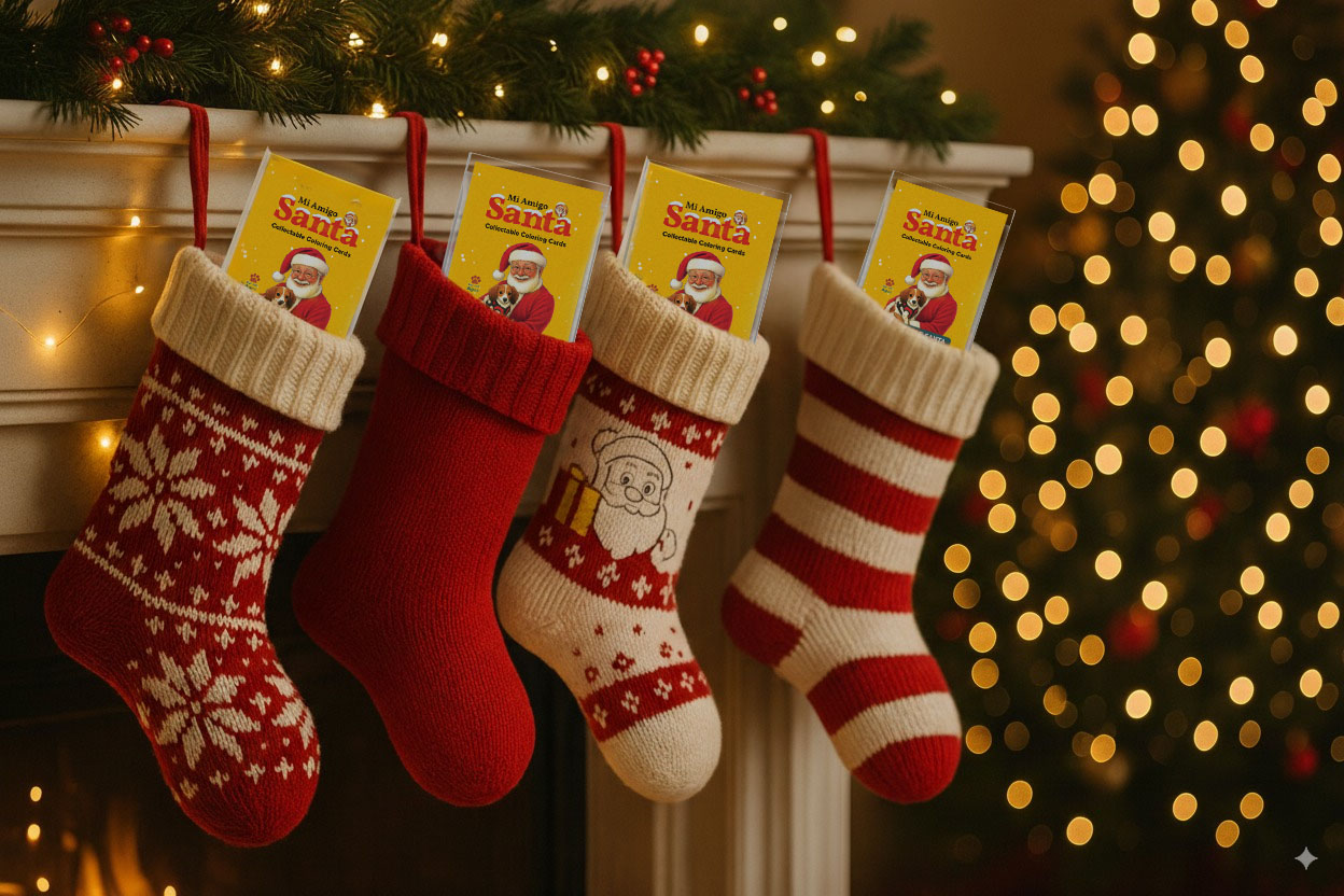 Christmas stockings with Mi Amigo Santa cards and gifts