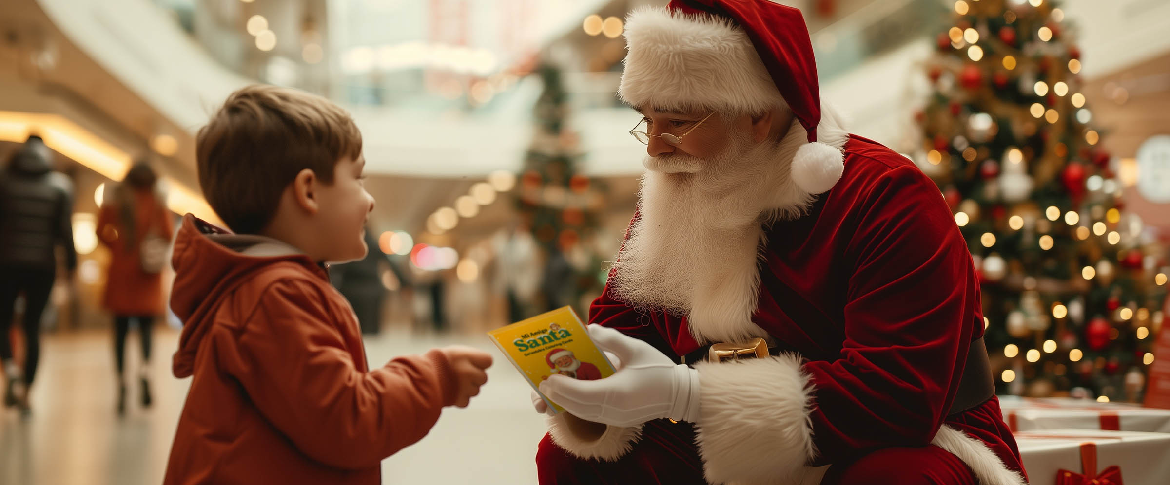 Santa giving Mi Amigo Santa coloring cards to child
